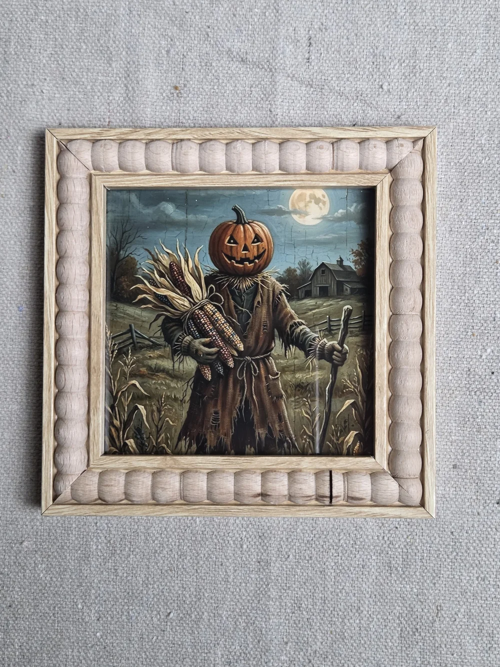 Hand Crafted Beige Framed Halloween Art - Black Cat & Pumpkinhead